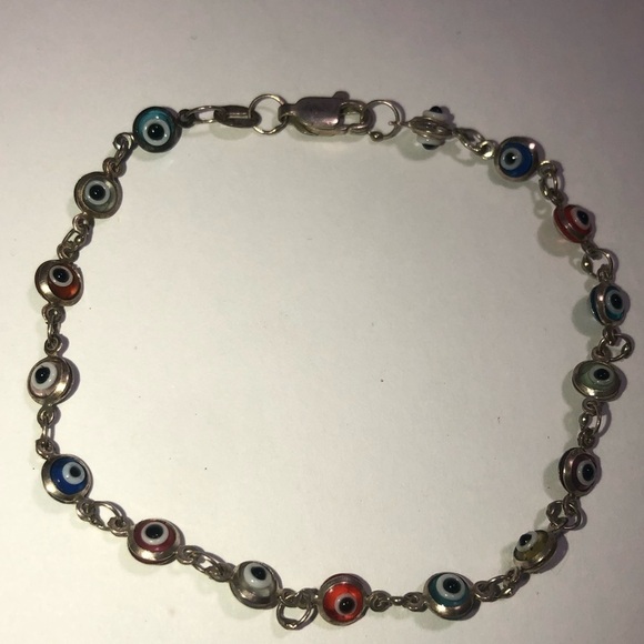 VTG Sterling Greek Evil Eye Protection Bracelet - Glass Eye Links 7” - Picture 3 of 6